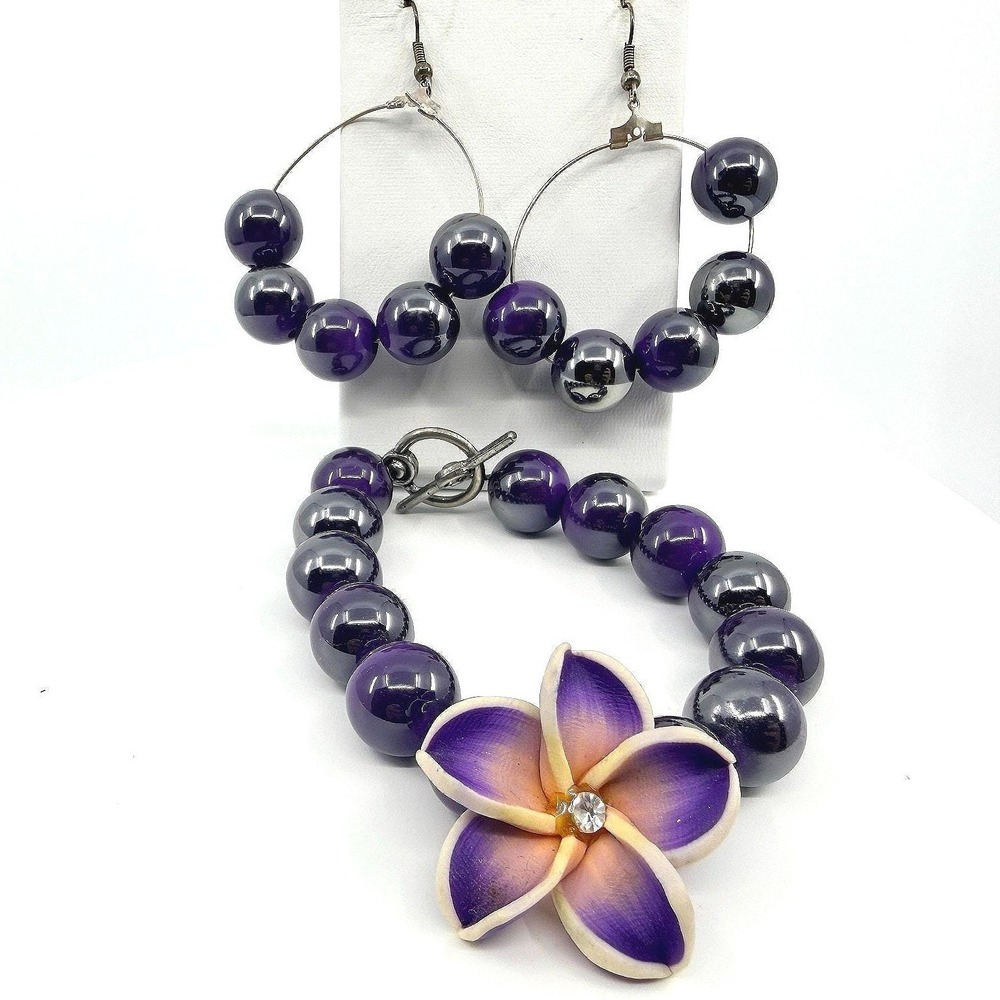 Vintage Purple Beaded Jewelry Set Tropical Flower Bracelet‎ Hoop Earrings Boho